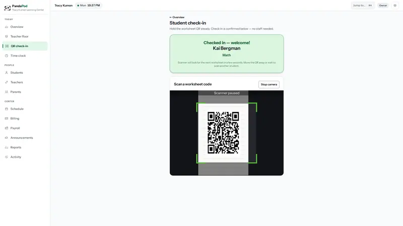 The check-in tablet confirming a student has scanned in, showing their name and subject